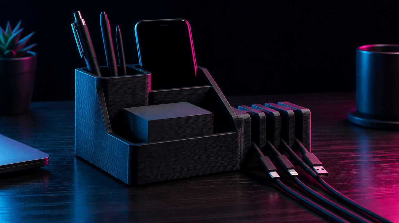 Organizador de escritorio impreso bajo luz cian y magenta